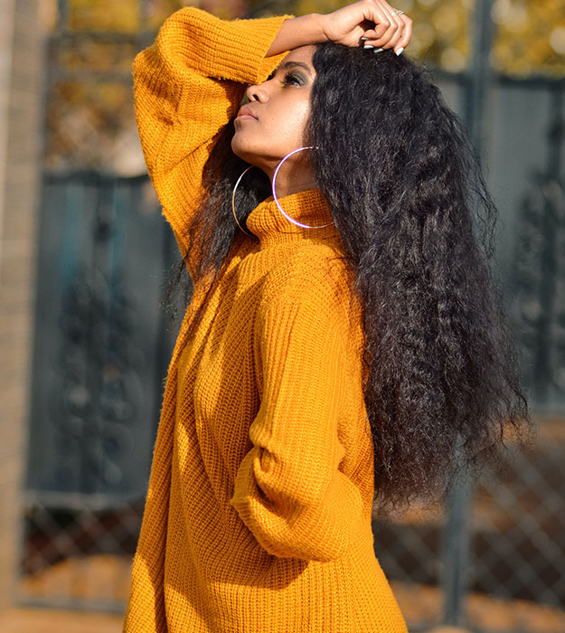 Woman wearing orange wool shirt product-13